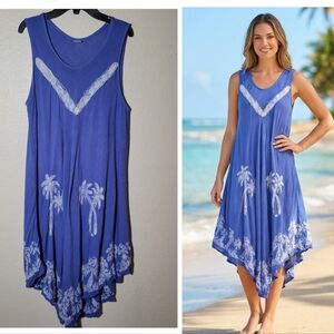 Laddi | Blue Palm Tree Midi Dress OS Bohemian Lagenlook Coastal Asymmetrical